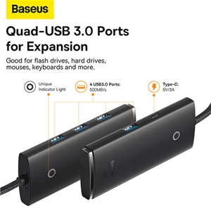 هاب 4 پورت با طول 1 متر Baseus Hub Lite Series 4-Port Type-C HUB Adapter wkqx030401 4X USB 3