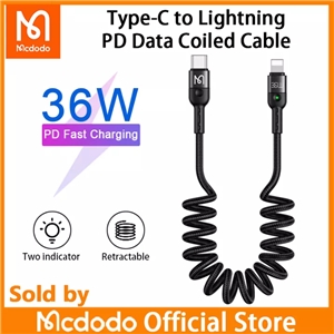 کابل فست شارژ تلفنی تایپ سی به لایتنینگ برند مکدود مدل Mcdodo CA-1960 Type-C to Lightning 36W PD Data Coiled Cable