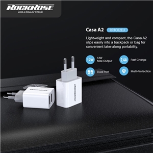 آداپتور شارژر دو پورت برند راک رز مدل RockRose Casa A2 Dual Port 12W 2.4A Power Adapter