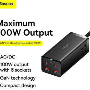 شارژر و چندراهی برق سوپر فست شارژ 100 وات با کابل تایپ‌سی 100 وات یک متری بیسوس Baseus GaN3 Pro Desktop 2AC+2U+2C PSZM000301