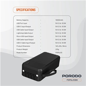 پاوربانک 10000 پیانو پرودو Porodo Piano Power Bank PDPBJ33BK