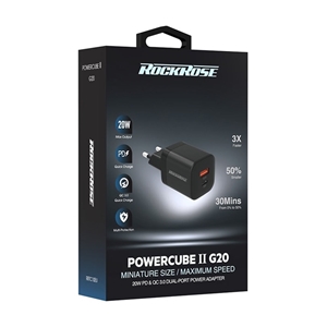 آداپتور شارژر دو پورت پاور دلیوری برند راک رز مدل RockRose Powercube II G20 Dual Port 20W PD & QC 3.0 Power Adapter